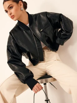 Zip Pockets PU Leather Short Jacket