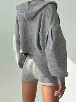 Zip Up Hoodie Three Piece Rib Shorts Set